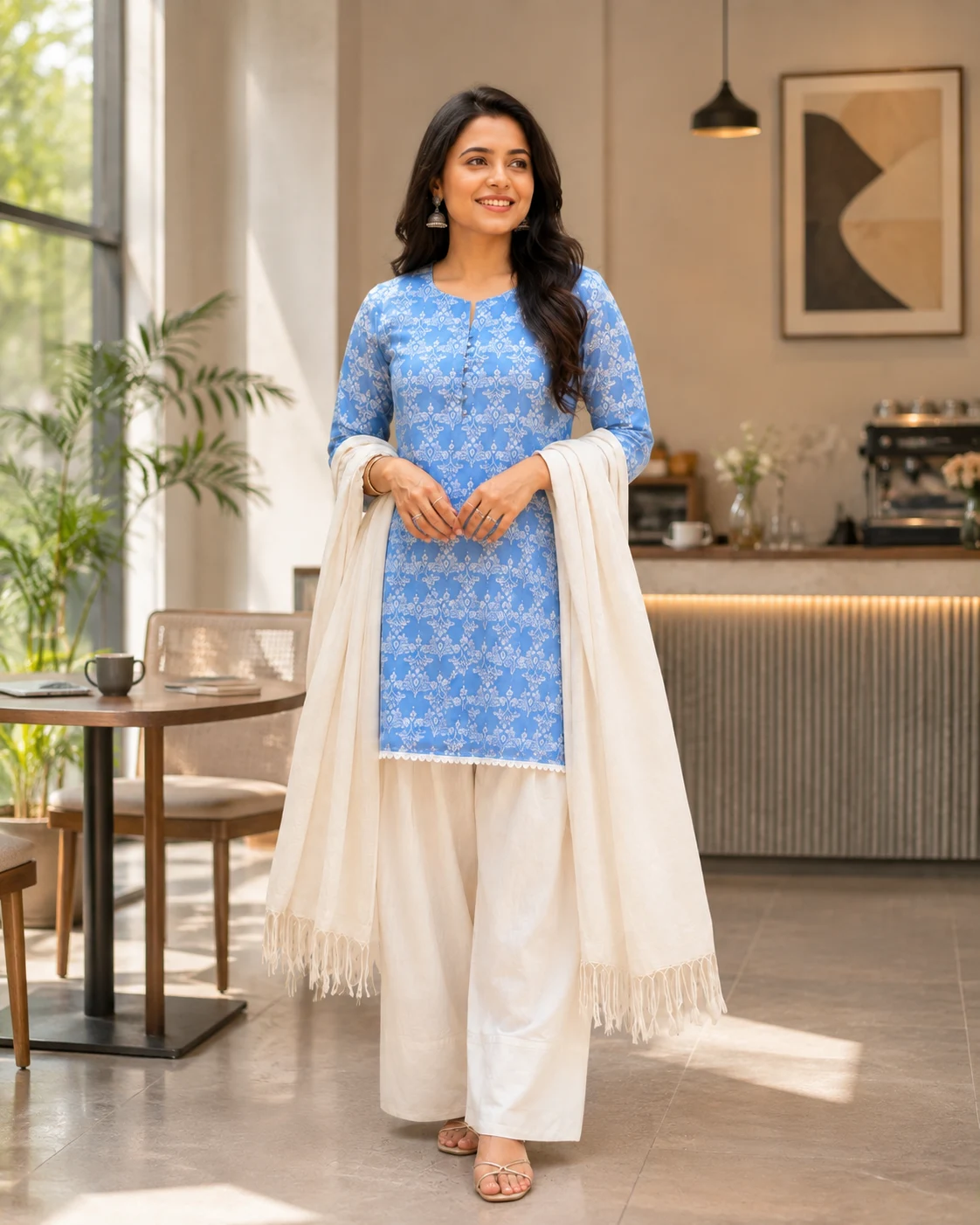 Powder Blue Mulmul Farshi Suit Set
