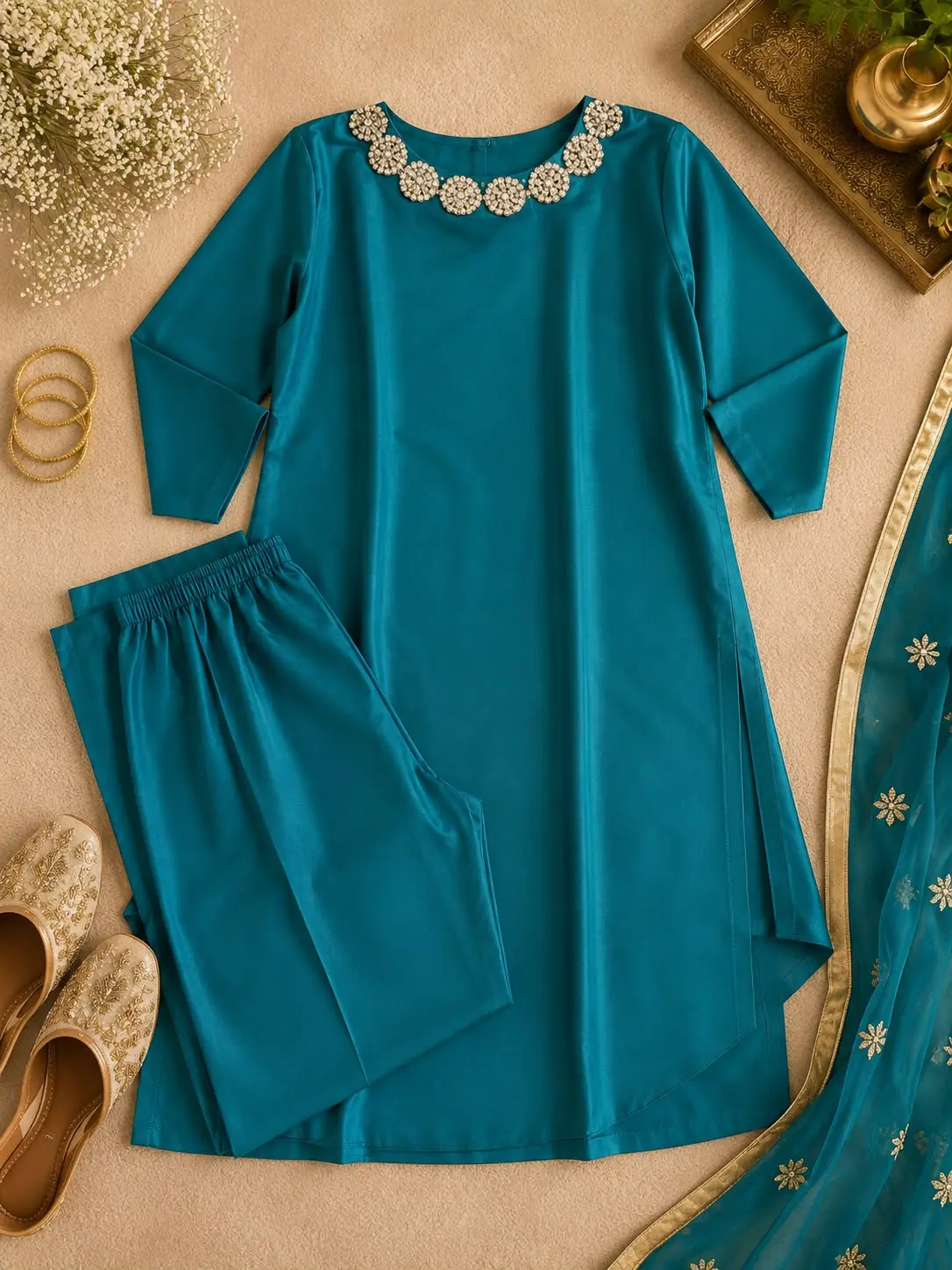 Teal Embellished Kurta Set