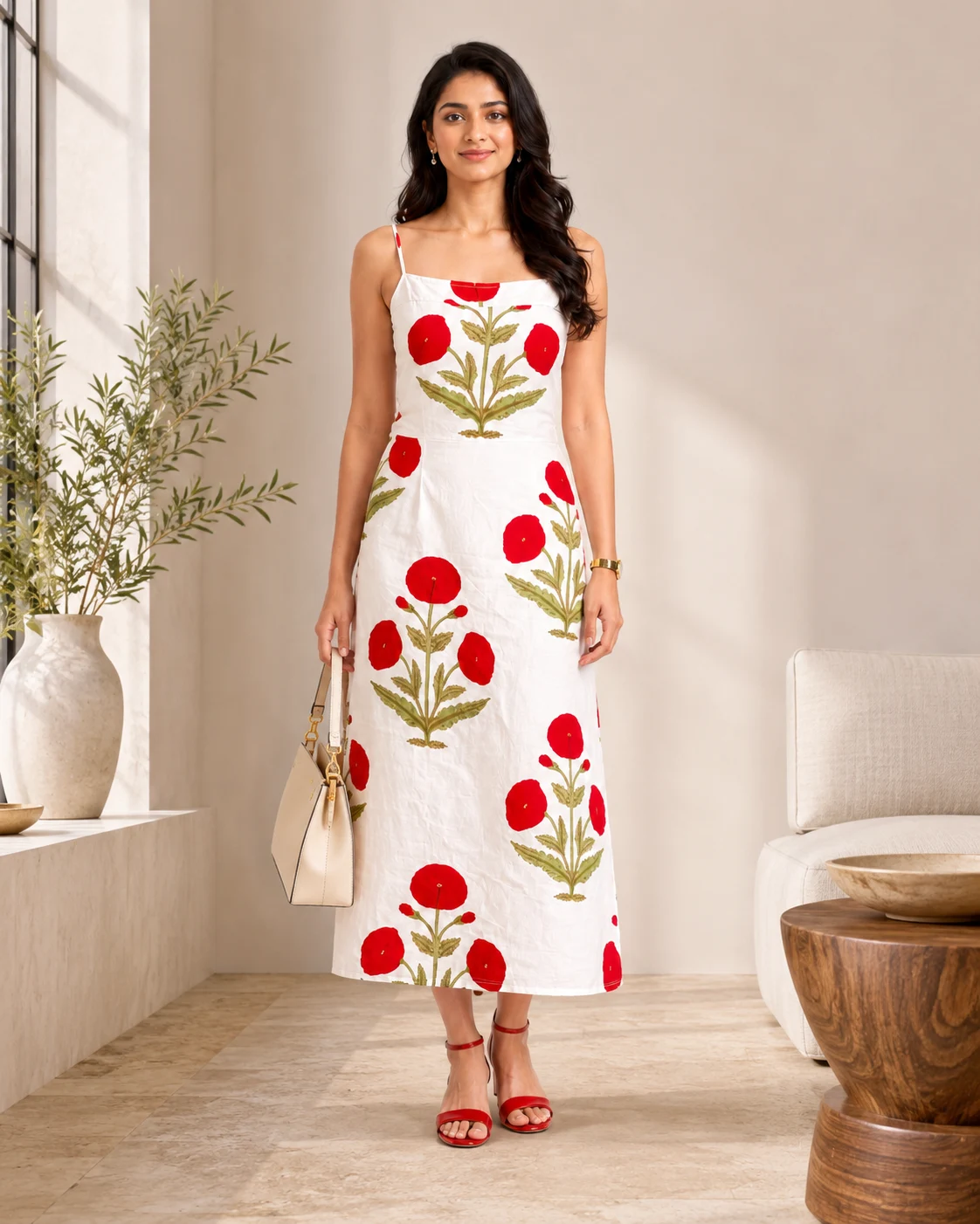 White Floral Print Midi Dress