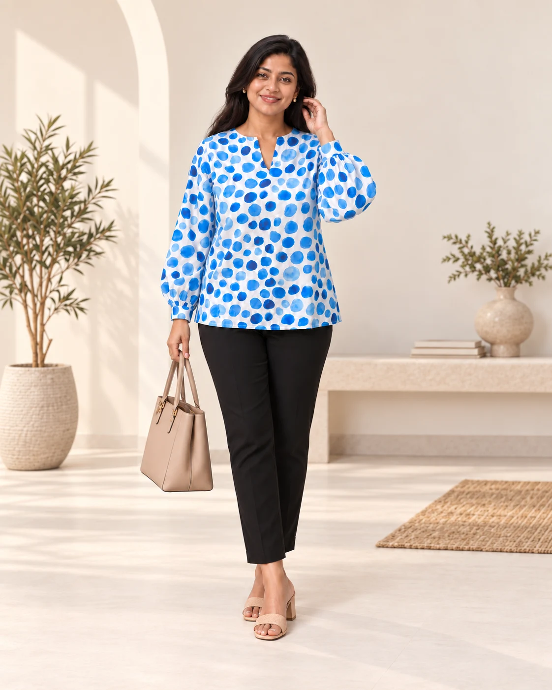 Azure Dot Puff Sleeve Top