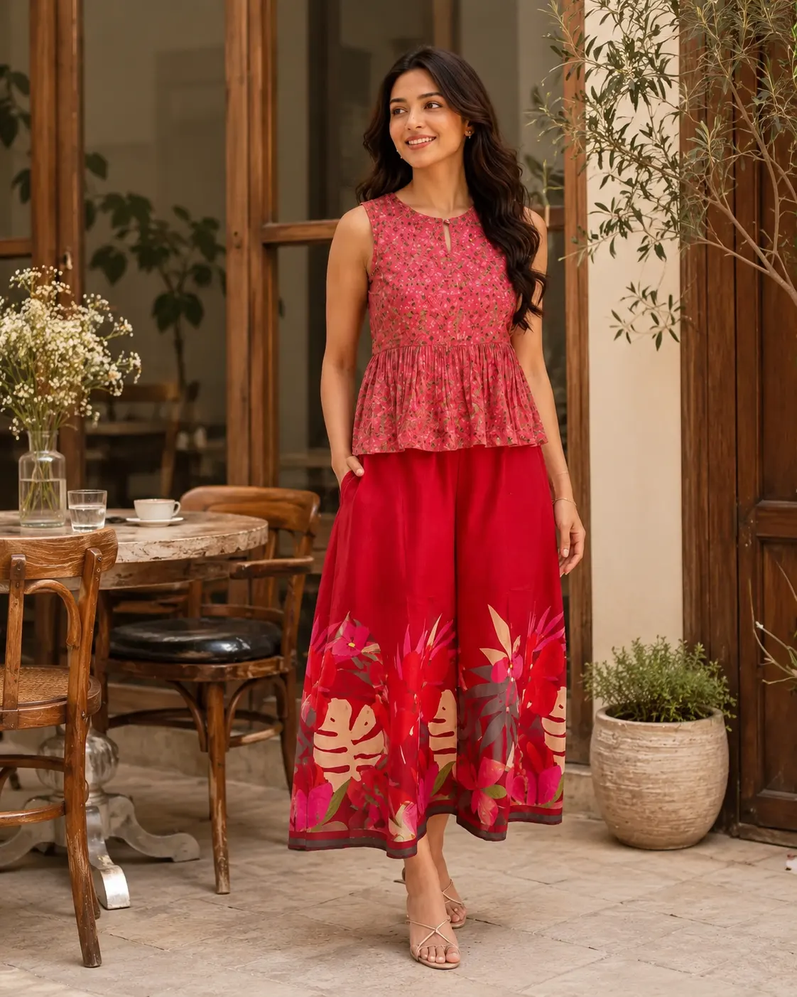Crimson Floral Peplum Skirt Set