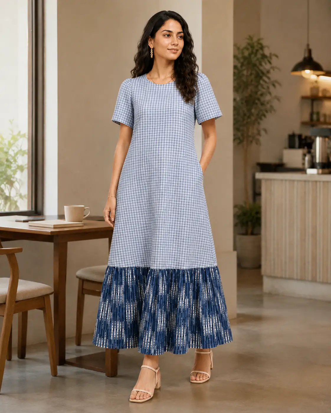 Blue Gingham Ruffle Midi Dress