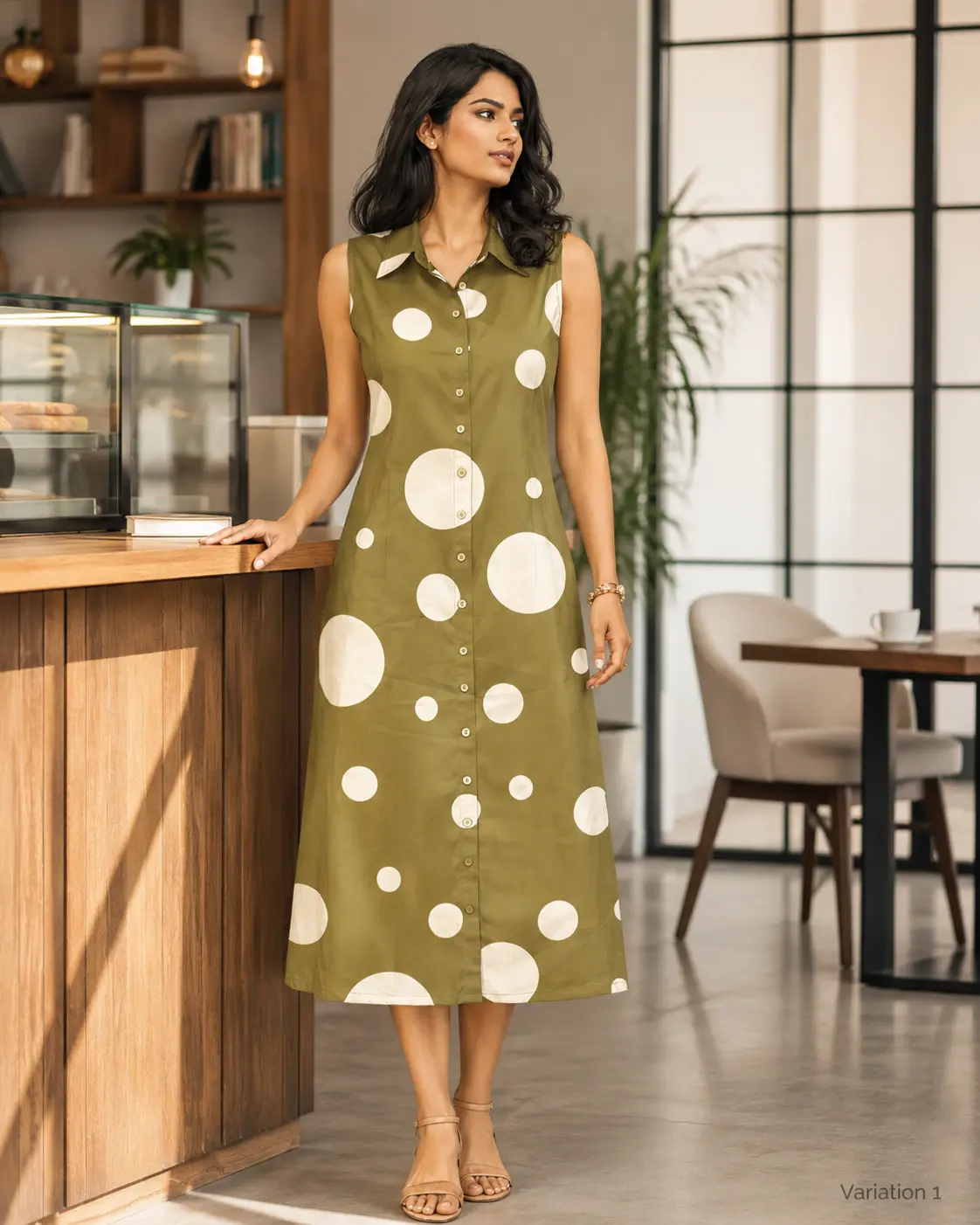 Olive Polka Dot Shirt Dress
